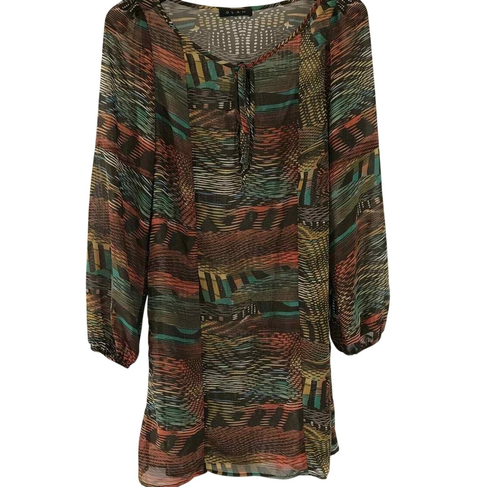 GLAM Women Abstract Geometric Tie Neck Mini Dress Long Balloon Sleeve Multicolor